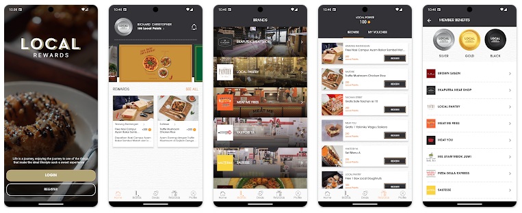 Screenshots of the Local Pantry app, including rewards, menu, brands and member benefits